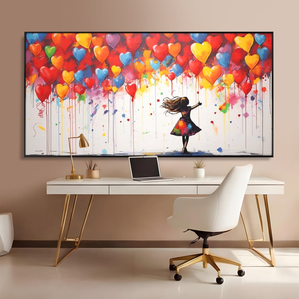 Tablou canvas cu tablou canvas cu fetita si baloane inima, in rama de aluminiu negru, pe perete intr-un birou